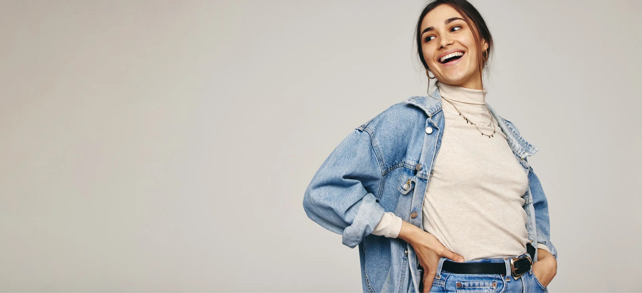 Relaxed denim jacket and soft neutral layers